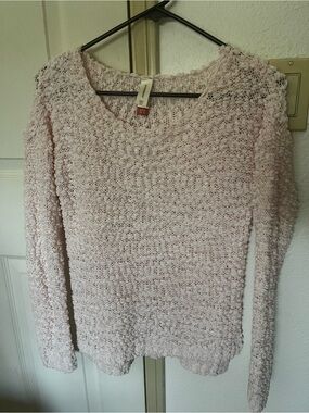 No Boundaries Light Pink Open-Knit V-Neck Sweater